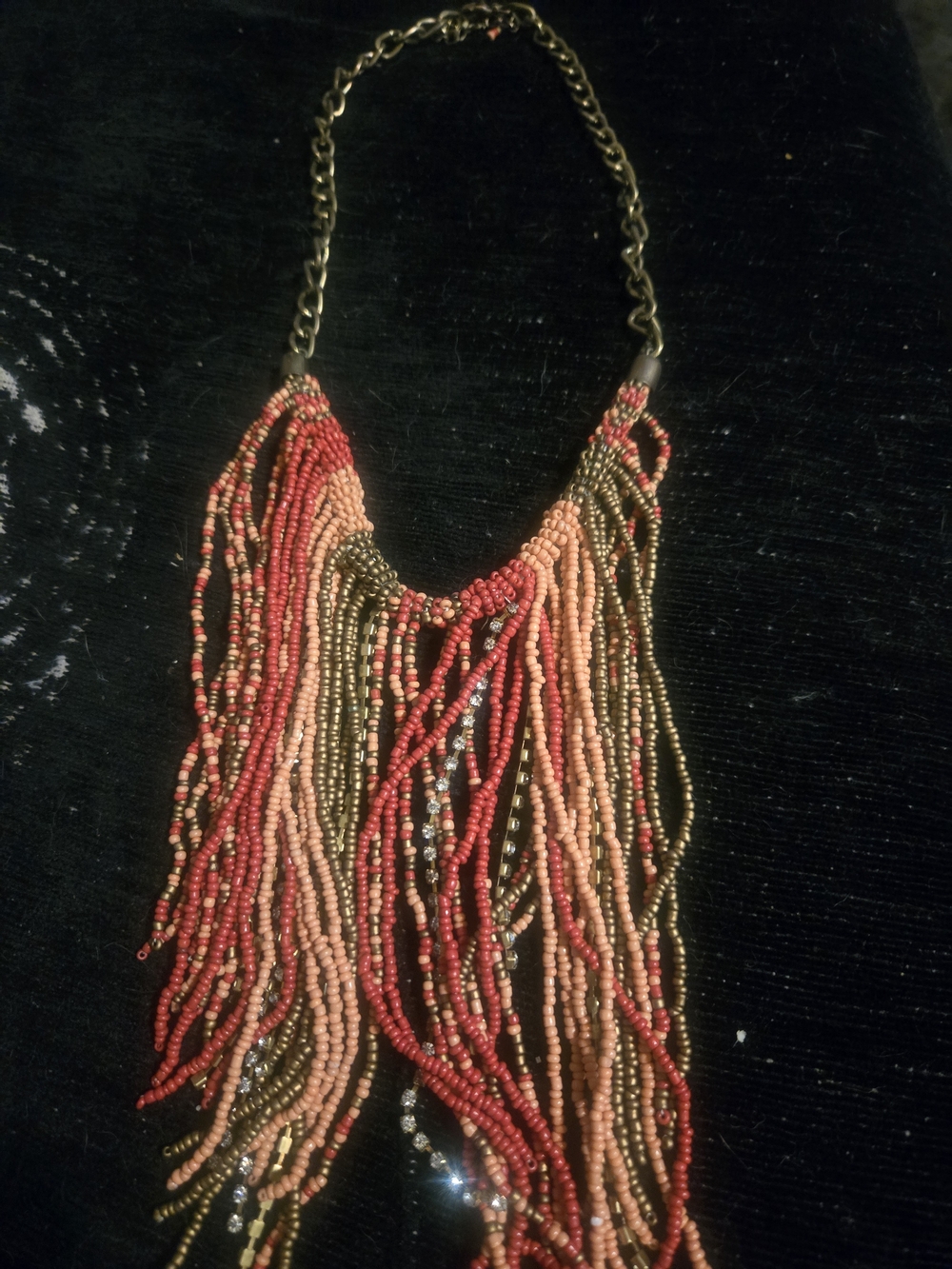 Multi-Strand Red and Peach Beaded Fringe Necklace
